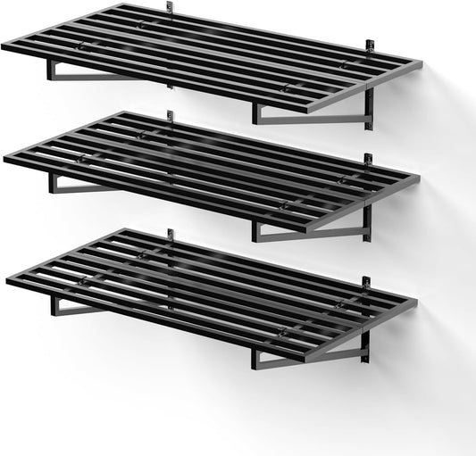 3-Pack Garage Wall Shelves, 2' x 4' Heavy Duty Wall Mounted Storage Rack with 9 Hooks, 750 lbs Capacity (250 lbs Each), Steel Garage Organization Shelving for Tools, Bins, and Power Equipment