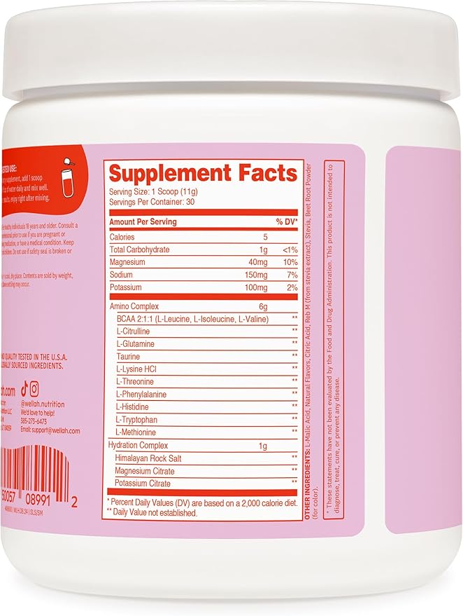 Wellah So Long Soreness BCAA Powder (Strawberry Mango Flavored) 30 Servings - with Hydration Complex
