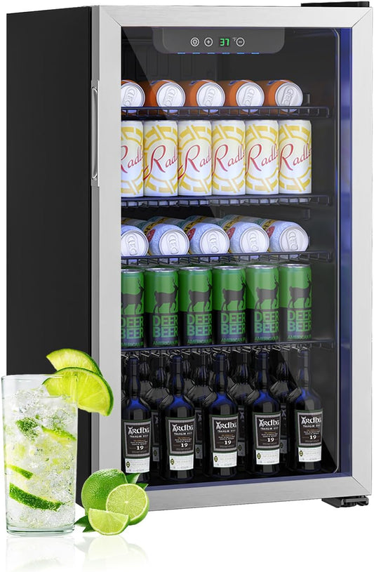 126 Can Freestanding Beverage Refrigerator, 3.2 Cu. Ft Drink Fridge with Glass Door, Adjustable Shelves & Temperature Control, Quiet Compressor Small Refrigerator for Soda, Beer or Wine