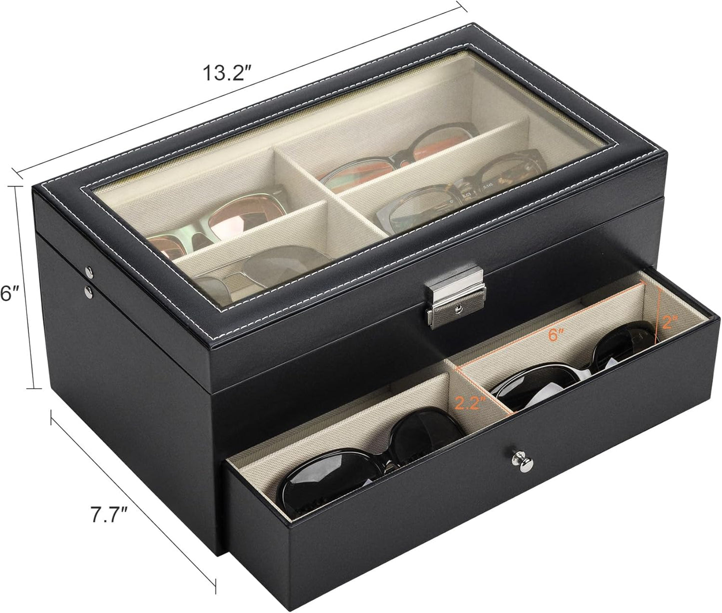 CO-Z Sunglasses Organizer with 12 Slots, Multiple Eyeglasses Eyewear Display Case for Women Men, 2 Story Leather Multi Sunglasses Jewelry Collection Holder with Drawer