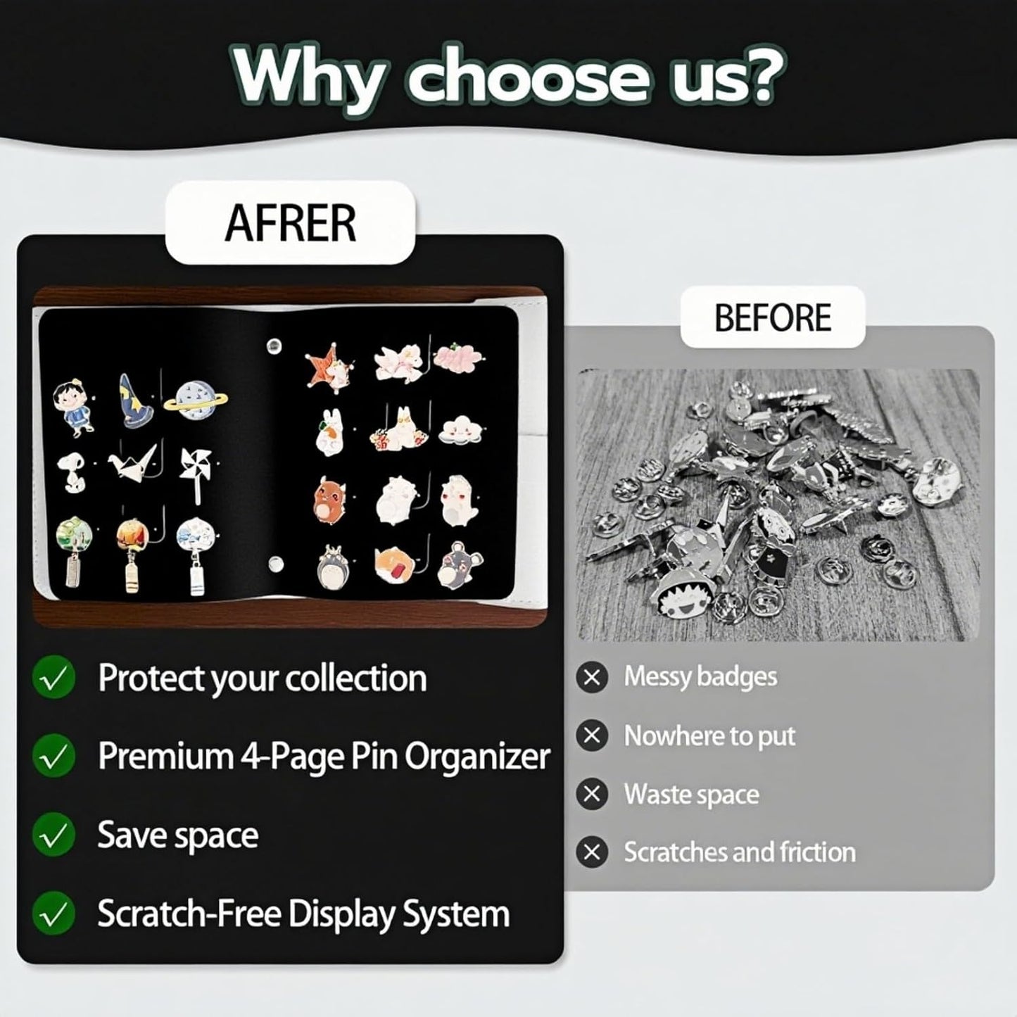 Enamel Pin Display Book - 4 Page Leather Travel Organizer for Collectors, Portable Lapel Pin Holder with Secure Storage, Compact Pin Trading Book (black)