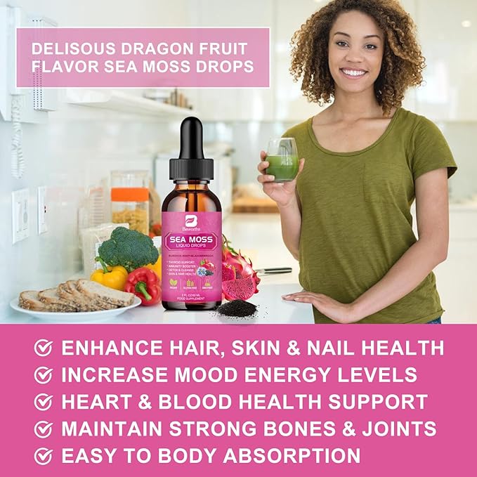 Sea Moss Liquid Drops - Black Seed Oil & Irish Sea Moss Gel with Burdock Root Bladderwrack, Elderberry, Spirulina, Seamoss Supplement for Energy Booster, Digestive Health - 4 Fl Oz, Vegan