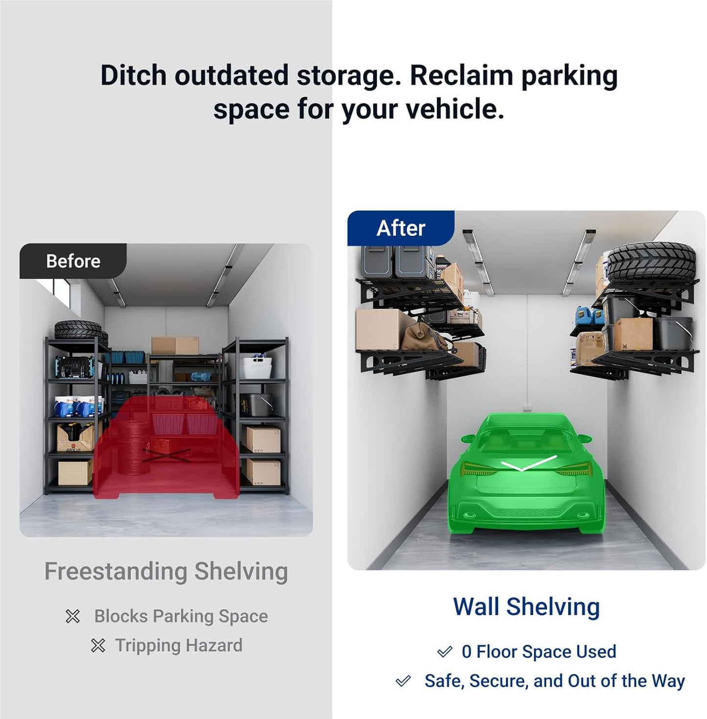 FLEXIMOUNTS 2-Pack 2x6ft Garage Shelving 24-inch-by-72-inch Wall Shelf Garage Storage Rack Floating Shelves, Black, Classic Series