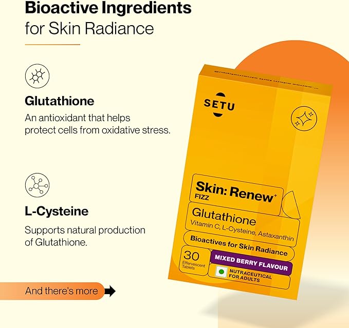 Glutathione Effervescent Tablets for Skin with 500mg L-Glutathione & Vitamin C | Sugar-Free Antioxidant Supplement for Clear, Glowing Complexion | Mixed Berry & Orange (Pack of 2) | 30 Tablets