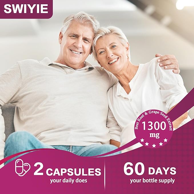 Beet Root Capsules 120 pcs, Beetroot Supplement Support Heart Health Circulation, Blood Pressure, Beets with Grape Seed Extract, Non-GMO, Gluten-Free | 1300mg per Serving