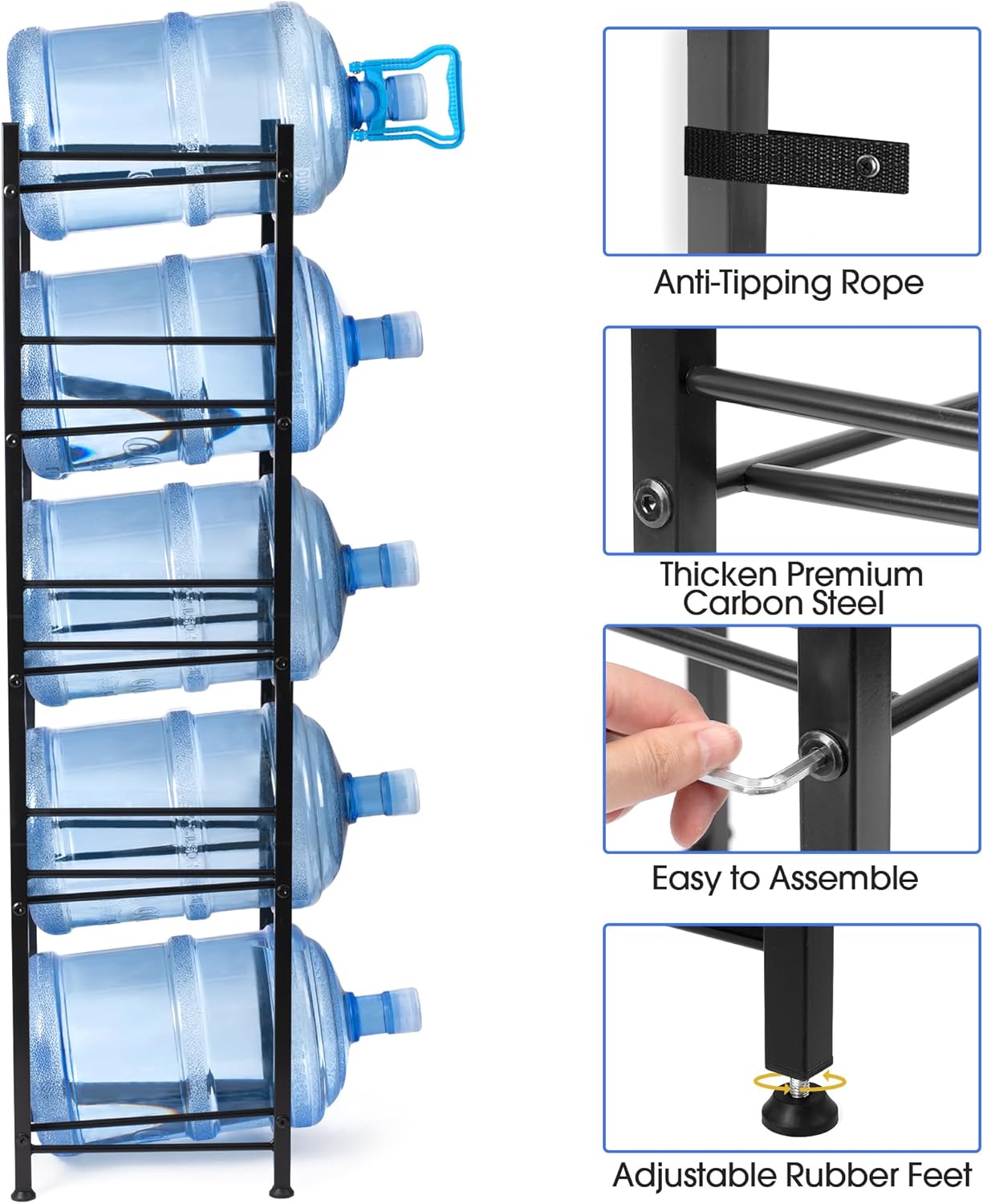 Klvied 5-Tier Heavy Duty Water Jug Organizer, 5 Gallon Cooler Jug Rack for Kitchen, Office, Living Room