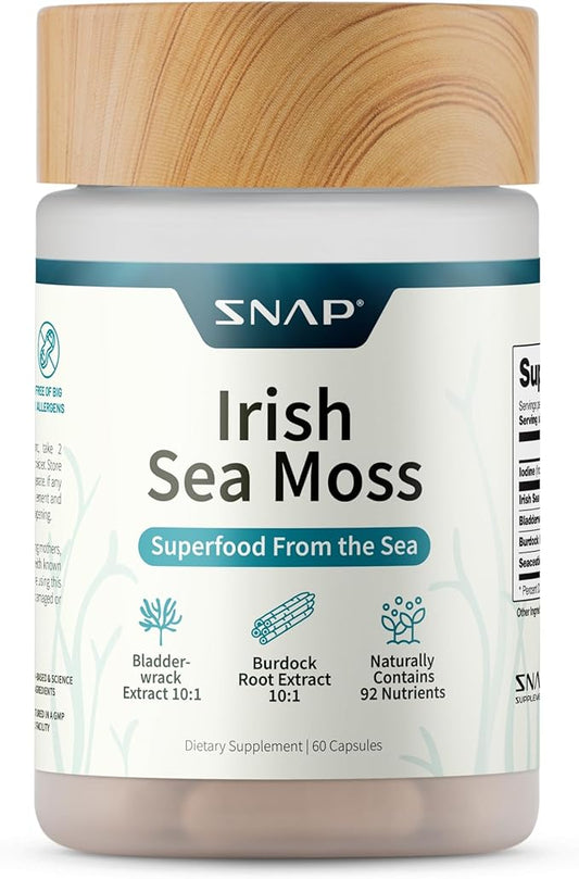 Snap Supplements Irish Sea Moss Capsules with Bladderwrack, Burdock Root & Iodine – Supports Energy, Immune Health, Digestion & Skin – 60 Capsules
