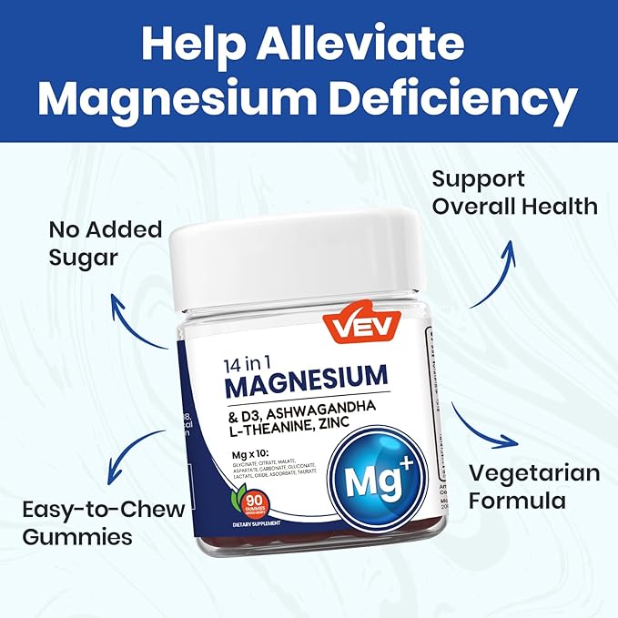 VEV Magnesium Complex DeepCalm 14-in-1 Gummies – with Ashwagandha, L-Theanine, D3 & Zinc – Cortisol Supplements for Women – 90 Sugar-Free Vegan Magnesium Glycinate Complex Gummies
