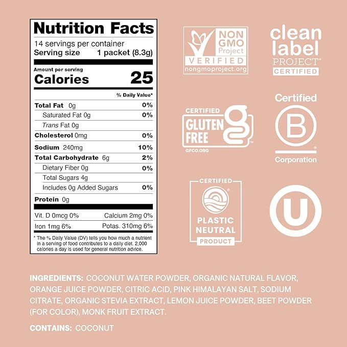 Cure Hydration Plant Based Electrolyte Mix | Powder for Dehydration Relief | Made with Coconut Water | No Added Sugar | Vegan | Paleo Friendly | Pouch of 14 Packets - Grapefruit