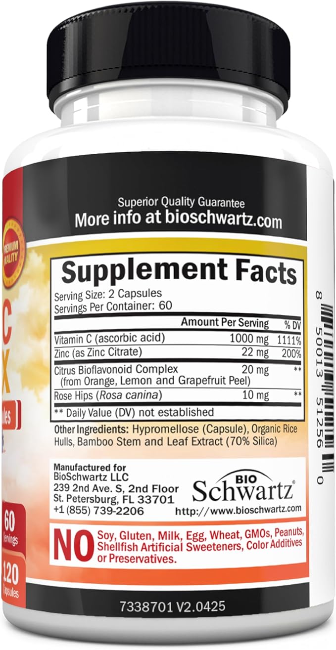 BioSchwartz Vitamin C Complex Supplement - Vitamin C 1000mg Capsules with Rose HIPS Zinc and Citrus Bioflavonoids for Immune Health, Cellular Energy, Collagen Production, 120 Count (60 Day Supply)