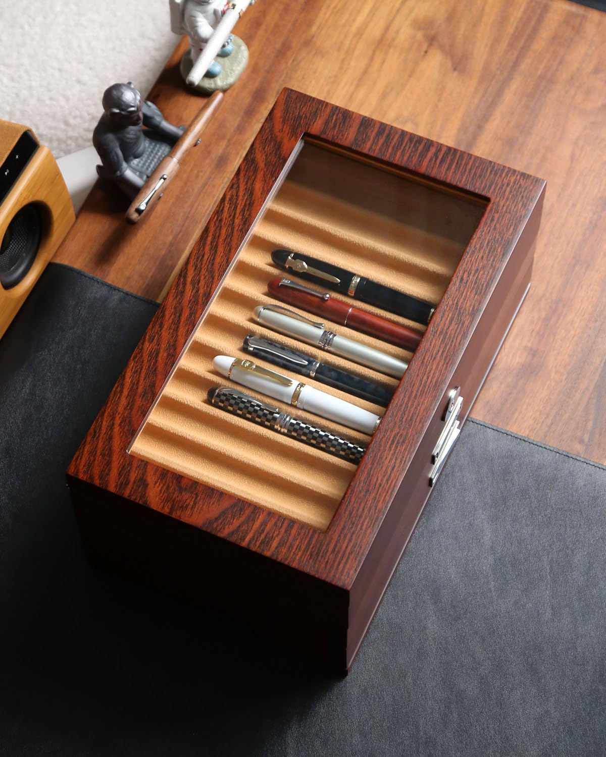 Wood Pen Display case 36 Slot Fountain Pen Box Storage Organizer with Drawer, Top Glass Window Pen Collection Display Case