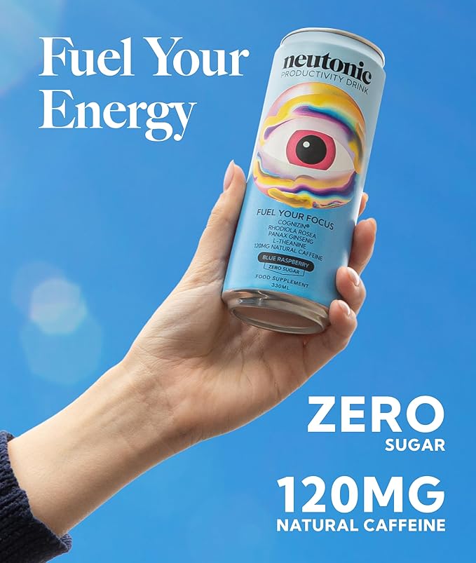 Neutonic Nootropic Productivity Energy Drink | Blue Raspberry 12 Cans | 120mg Natural Caffeine, Zero Sugar | Support Memory, Mental Clarity, Cognitive Function | Boost Focus, Energy, Brain Health