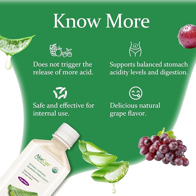 AloeCure USDA Organic Aloe Vera Juice Grape Flavor, Made Within 12 Hours of Harvest - Pure Aloe Vera Digestive & Immune Health Supplement, Helps Maintain Balanced Stomach Acidity, 16.7oz x 2 Btls