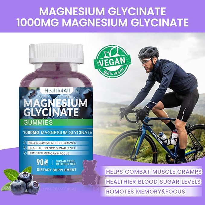 Magnesium Glycinate Gummies 1000mg, High Absorption Sugar Free Magnesium Potassium Supplement for Relaxation, Stress Relief, and Sleep Support for Adults & Kids (Blueberry)