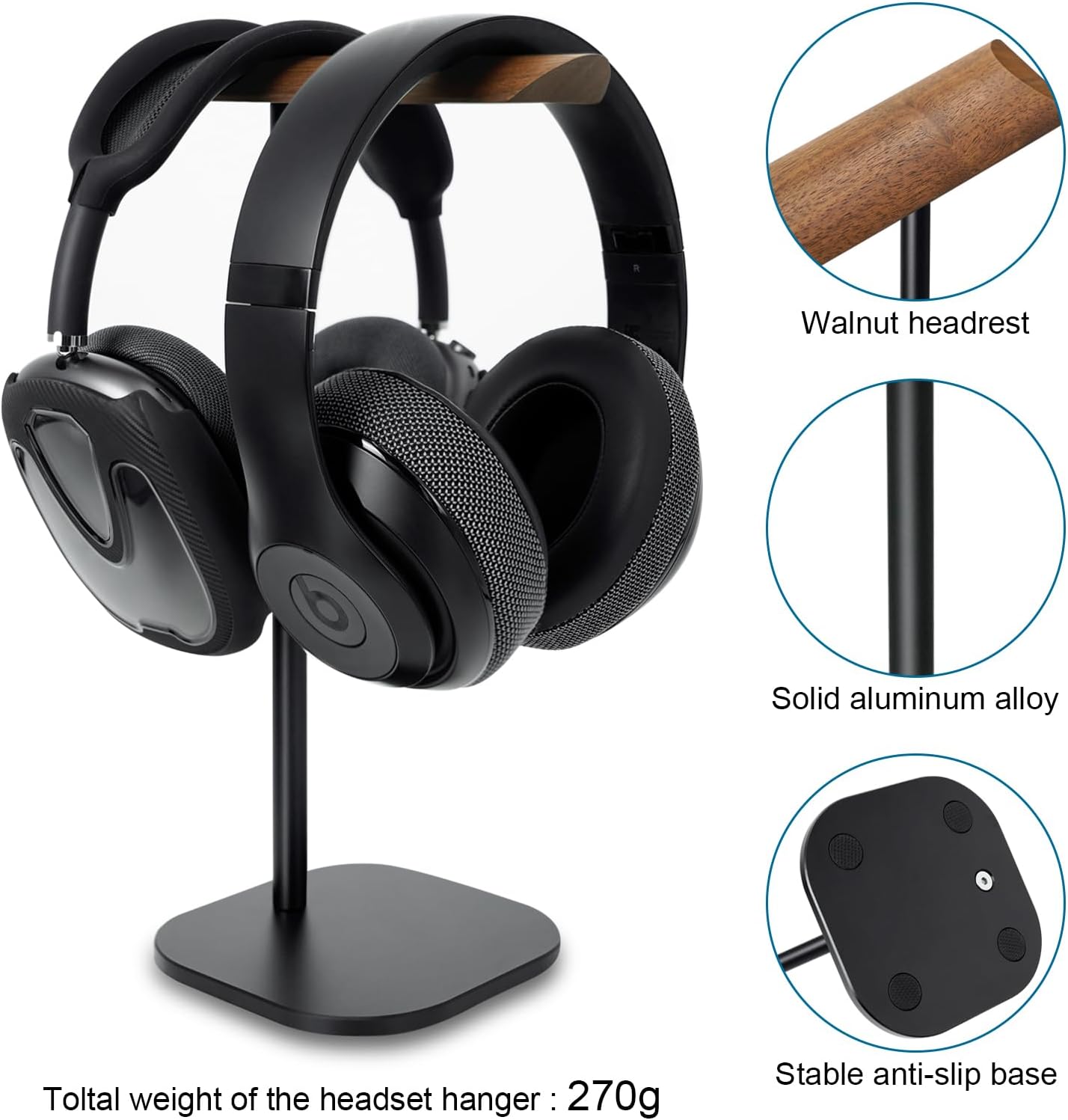 Gvoears Upgraded Headphone Stand, Walnut Wood Headphone Stands Headset Holder for Desk, Support Dual Headsets Suspension, Aluminum Alloy Support Rod Hanger, Dual Headphones Stand with Great Stablity