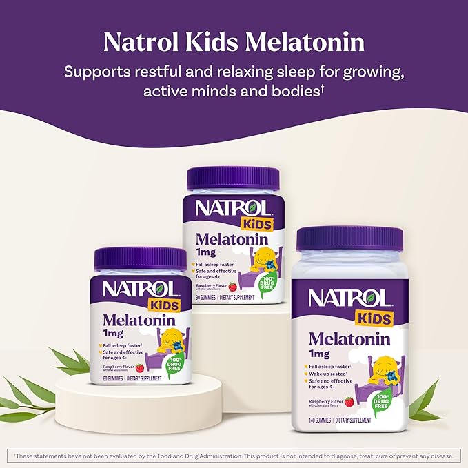 Natrol Kids Melatonin Gummies 1mg, Children's Melatonin for Restful Sleep, 60 Raspberry-Flavored Sleep Gummies, 60 Day Supply