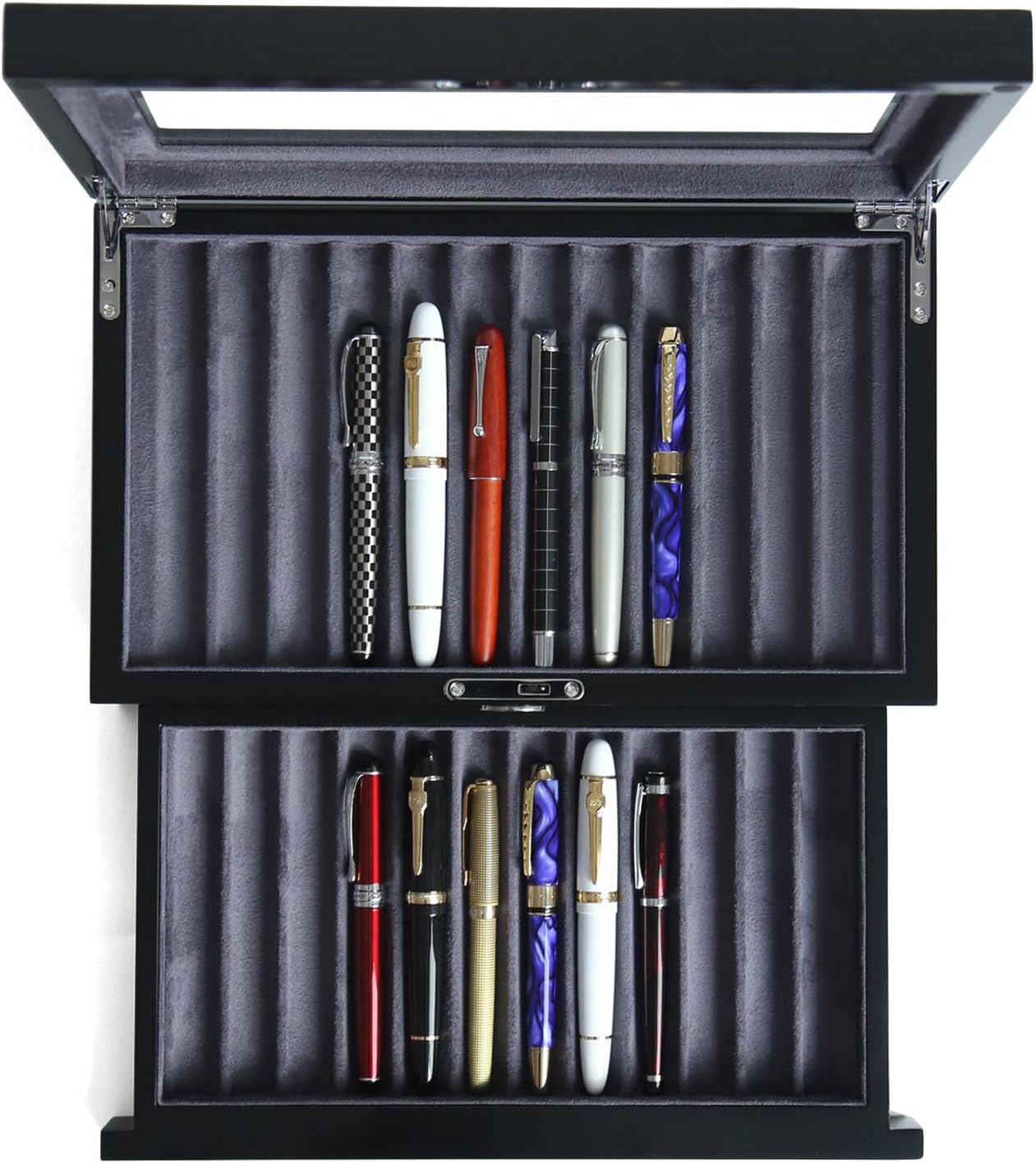 Wood Pen Display case 24 Slot Fountain Pen Box Storage Organizer with Drawer, Top Glass Window Pen Collection Display Case