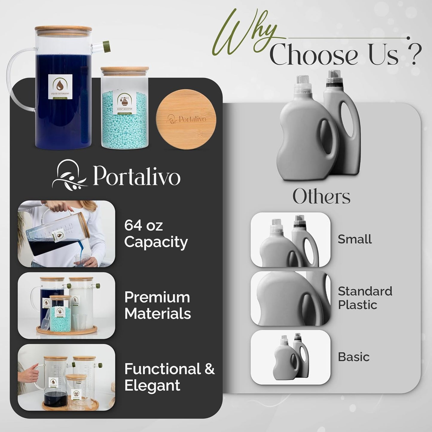 Glass Laundry Detergent Dispenser Set of 2 - Extra Large 2X 64oz Liquid Soap Container with Bamboo Tray - Laundry Room Organization & Storage - Fabric Softener, Pod, Scent Booster