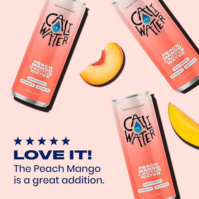 Caliwater - Organic Cactus Water - Peach Mango - 6g Sugar, 30 Calories - Coconut Water Alternative - Natural Plant Based Hydration - Skin Care, Electrolyte Drinks - Flavored Water - 12 Cans