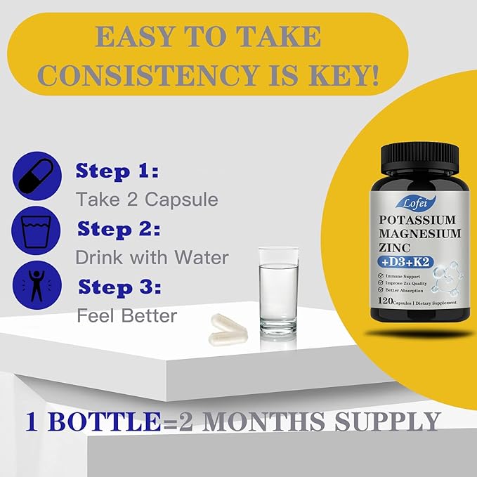 Potassium Magnesium Supplement,Magnesium Potassium Zinc Supplement with Vitamin D3& K2,Support Immune for Women & Men,Enhanced Absorption,Non-GMO (120 Veg Capsules)