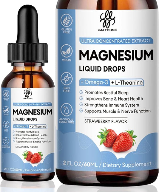 Magnesium Glycinate Liquid Drop with Citrate, Oxide and Taurate, Calm Magnesium with Omega3, L-Theanine, D3, B6, B12 for Calm, Sleep, Leg Cramps, Muscles, Energy, Sugar-Free Strawberry Flavor