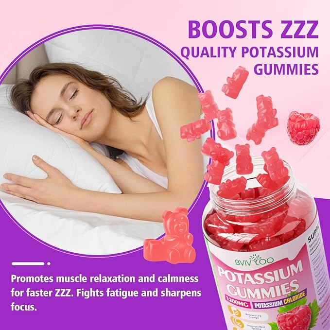 Sugar Free Potassium Gummies for Adults with 1200mg Potassium Chloride - Supports Muscle Health & Leg Cramps, Raspberry Flavor, 60 Gummies