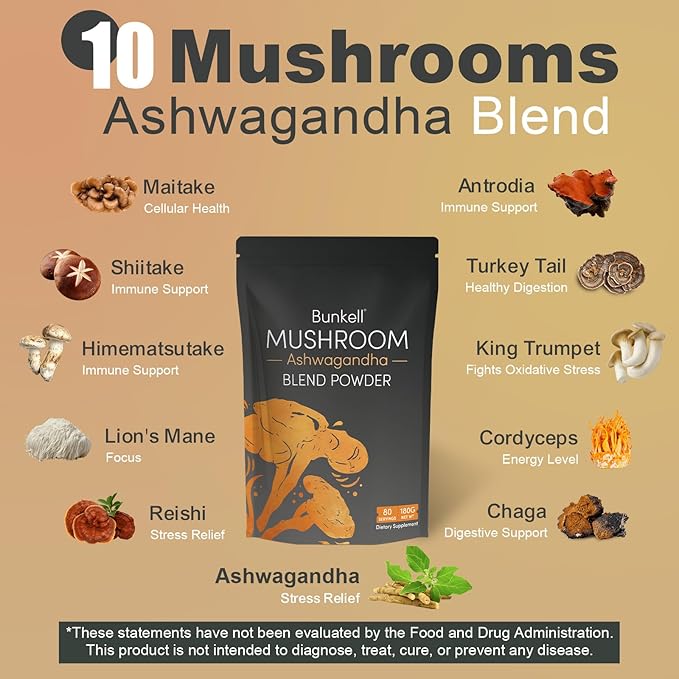 Ashwagandha Mushroom Powder, Adaptogenic 10 Mushrooms Complex w/ashwagandha - Lion's Mane, Reishi, Chaga & Maitake - Adaptogens Powder for Energy, Cognitive & Immune Support, 80 Servings