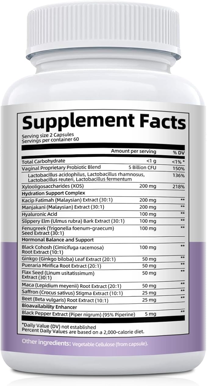 Vaginal Probiotics for Women – Vaginal Moisture Capsules-Plant-Based Capsules with Slippery Elm, Fenugreek & Kacip Fatimah – Support Vaginal Moisture & Internal Comfort – 120 Count