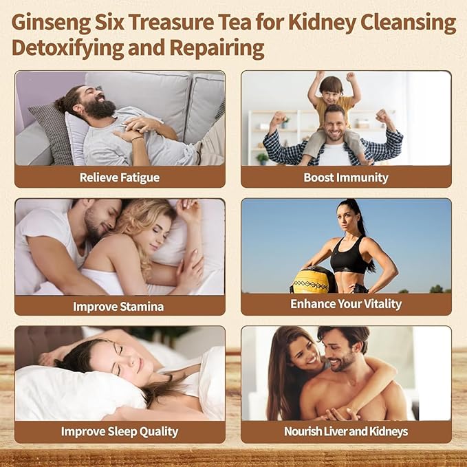 Kidney Tea -Ginseng Six Treasure Tea Kidney Cleanse Detox for Men & Women, Ginseng & Mulberry Herbal Tea Bags for Wellness, Detox & Vitality,1Pack/30 Bags（5g/bag）