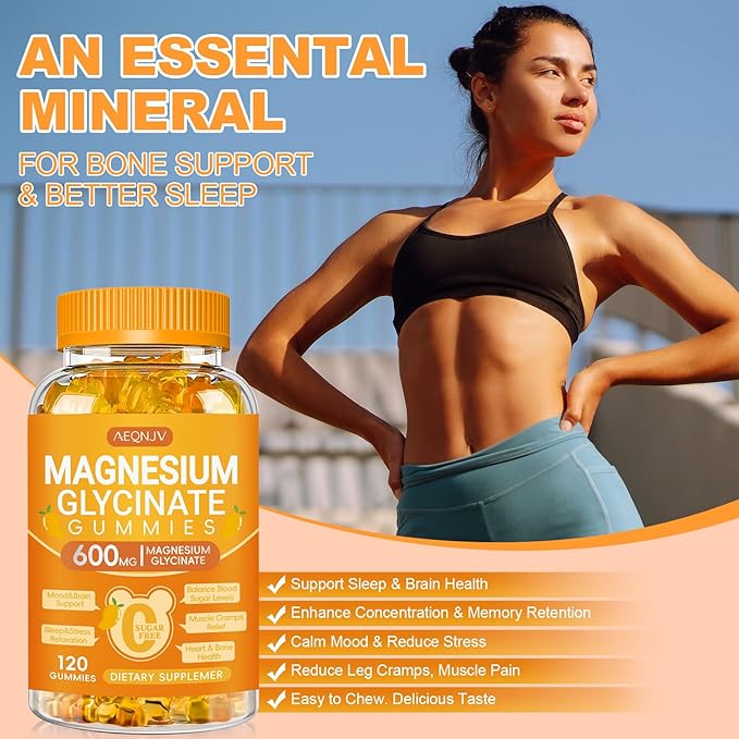 Magnesium Glycinate Gummies 600mg, Chewable Sugar Free Potassium Gummies with Magnesium Glycinate, Vitamin D, B6 and CoQ10 for Sleep, Relaxation, Brain & Muscle, 2 Pack