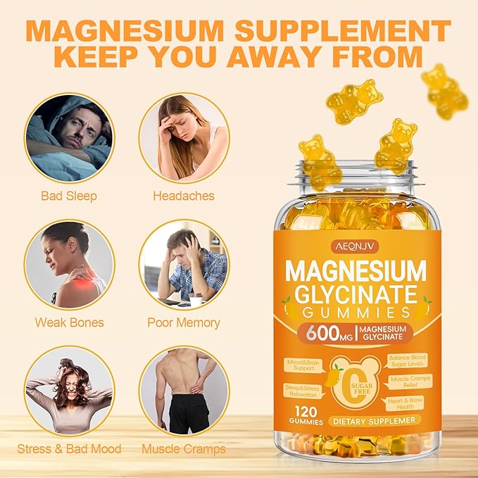 Magnesium Glycinate Gummies 600mg, Chewable Sugar Free Potassium Gummies with Magnesium Glycinate, Vitamin D, B6 and CoQ10 for Sleep, Relaxation, Brain & Muscle, 2 Pack