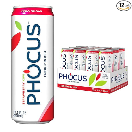 PHOCUS Caffeinated Sparkling Water, Strawberry Kiwi, 75mg Natural Caffeine Plus L-Theanine, Zero Sugar, Zero Calories, No Artificial Sweeteners, 11.5 fl oz Cans (Pack of 12)