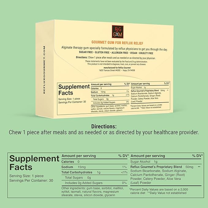 REFLUX GOURMET Tropical Soothe Gum Alginate Therapy Sodium Bicarbonate Gum for Acid Reflux, Oral, Cognitive, and Digestive Support, Natural with Ginger, Celeriac, Aloe, Sugar Free, Gluten Free, Vegan