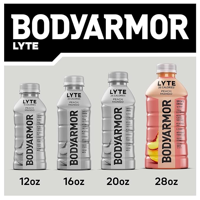 BODYARMOR LYTE Sports Drink Low-Calorie Sports Beverage, Peach Mango, Coconut Water Hydration, Potassium-Packed Electrolytes, Perfect For Athletes, 28 Fl Oz (Pack of 15)