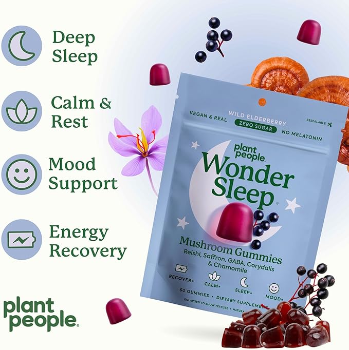 Plant People WonderSleep Mushroom Gummies Supplement for Sleep and Relaxation with Reishi Super Mushrooms, Wild Elderberry Flavor, No Sugar (60 Count)