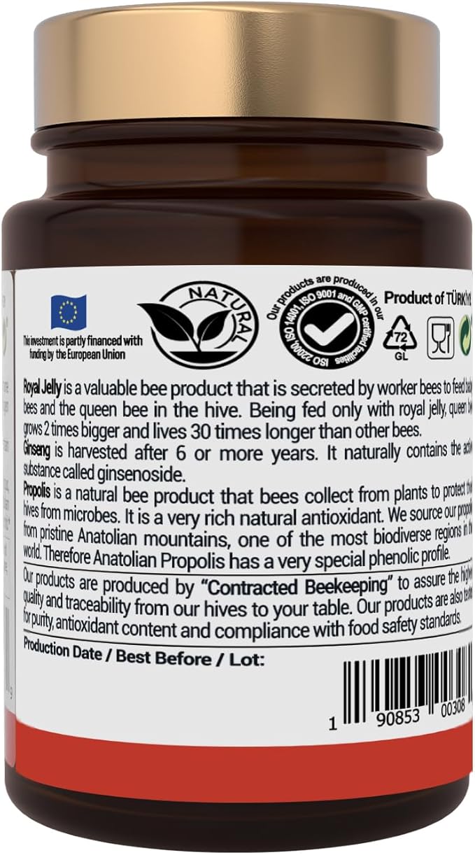 Bee and You Royal Jelly with Ginseng Tablet, Propolis Extract, 60ct, 100% Natural Superfood, Ultra Pure, Immune Support Supplement, Antioxidants, Keto, Paleo, Gluten-Free
