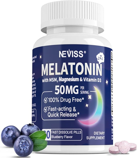 Melatonin 50 mg for Adults - Extra Strength 9-in-1 Fast Dissolve Sublingual - w/Vitamin D3 & MSM, Relaxing Herbal Blend-Ashwagandha, Lemon Balm, Passionflower,Chamomile,Sugar Free, Vegan 60 Servings