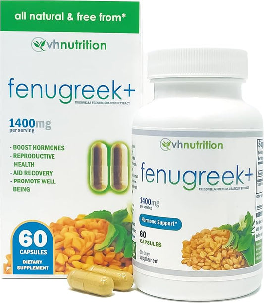 VH Nutrition Fenugreek+ | 1400mg Extra Strength Fenugreek Capsules | Hormonal Balance and Energy Support Supplement for Men & Women | 60 Gluten-Free Capsules