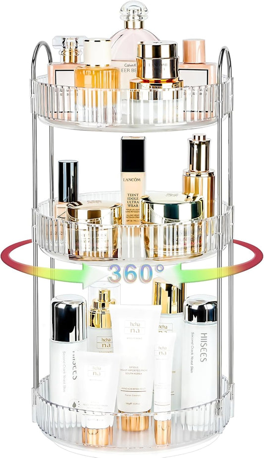 360 Rotating Makeup Organizer, 3 Tier Large Capacity Lazy Susan Bathroom Counter Organizer, Skincare Organizers, Spinning Perfume Organizer & Vanity Organizer Countertop (Silver Clear, 3 Tier)