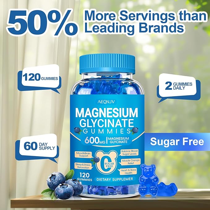 Magnesium Glycinate Gummies 600mg, Chewable Sugar Free Potassium Magnesium Gummies for Sleep, Body Support and Relaxation, Magnesium Supplements with Vitamin D, B6, and CoQ10 for Men & Women