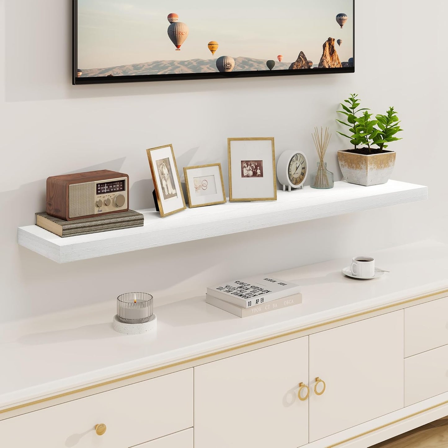 Fun Memories Deep White Floating Shelves, 8 Inch Deep Floating Shelf for Wall, Rustic White Wall Shelves 55 Inch Long, Large 55 x 8 Storage Shelves for Living Room, Bedroom, Kitchen