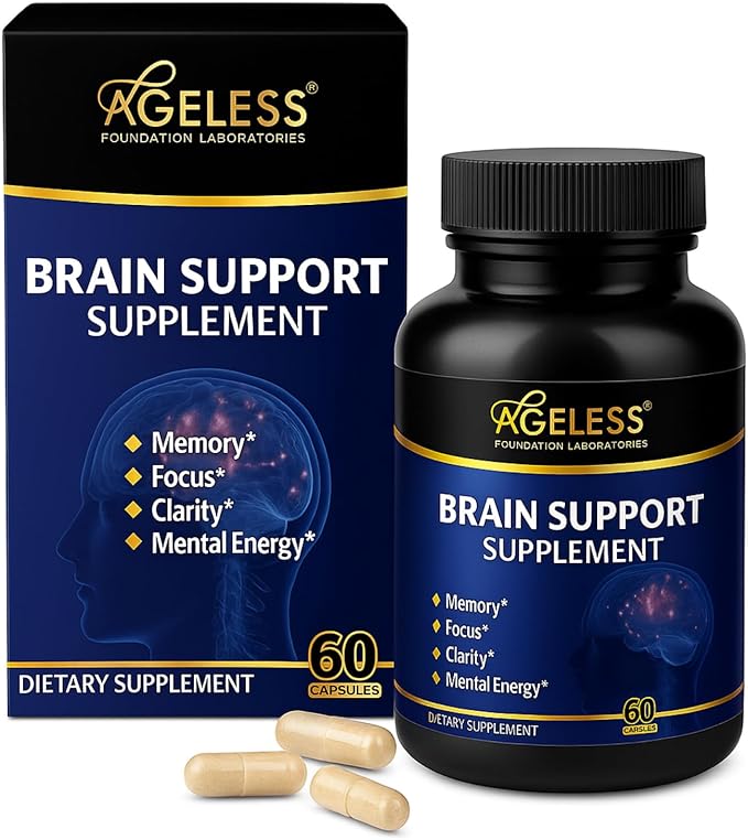 Ageless Brain Supplements for Memory and Focus & Cognitive Improvement | Nootropic Brain Supplement for Men & Women | Support Mental Clarity & Neuro Health | Including Vitamin B6, B12, 60 Capsules