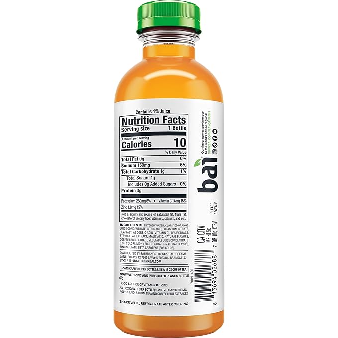 Bai Antioxidant Infused Water Beverage, Costa Rica Clementine, with Vitamin C and No Artificial Sweeteners, 18 Fluid Ounce Bottle, 12 Pack