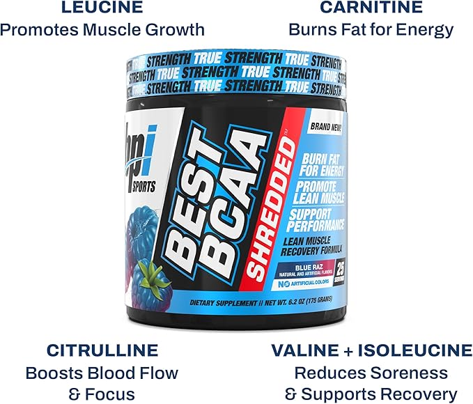 BPI Sports Best BCAA Shredded - Caffeine Free Thermogenic Recovery Drink, Lean Muscle Building BCAA Powder for Women and Men, Preworkout BCAAs Amino Acids Drink- Blue Raz - 25 Servings