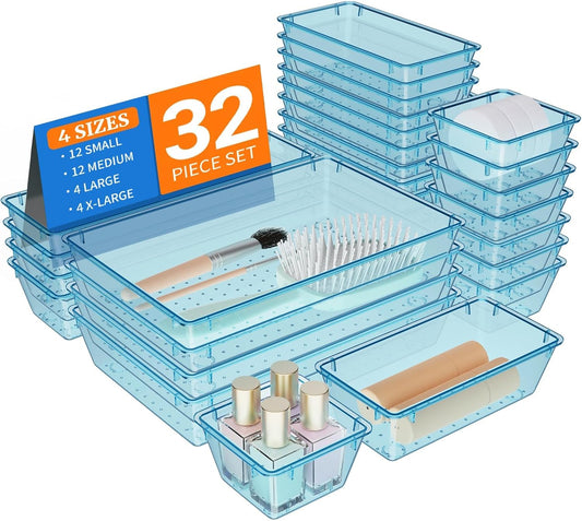 32 PCS Clear Plastic Drawer Organizer Set, 4-Size vanity organizer Trays and Storage Bins for Makeup, Jewelry and Gadgets in Bedroom, Bathroom and Office, Clear Sea Blue
