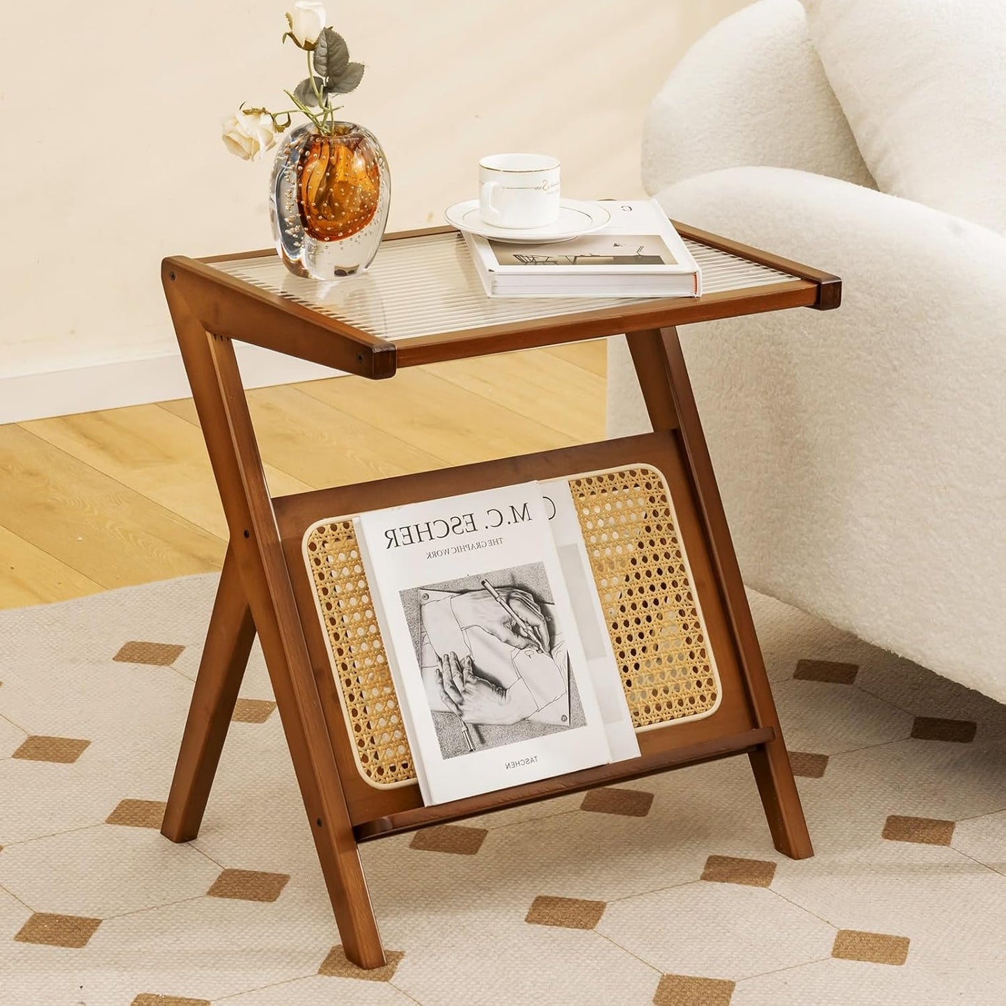 Giantex Rattan Side Table, Boho Nightstand with Glass Top & Magazine Rack, End Table with Storage, Bamboo Bedside Table for Small Space Living Room Bedroom (2, Walnut)