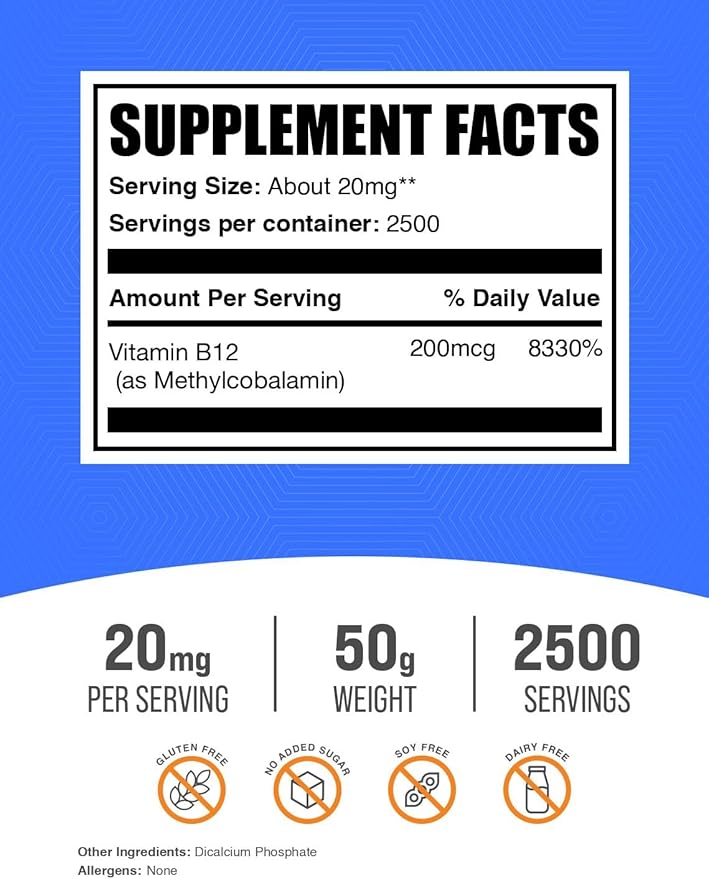 BulkSupplements.com Vitamin B12 Methylcobalamin Powder - 1% B12 Methylcobalamin, Essential B Vitamin - B12 Supplement, Gluten Free, 20mg per Serving, 50g (1.8 oz) (Pack of 1)
