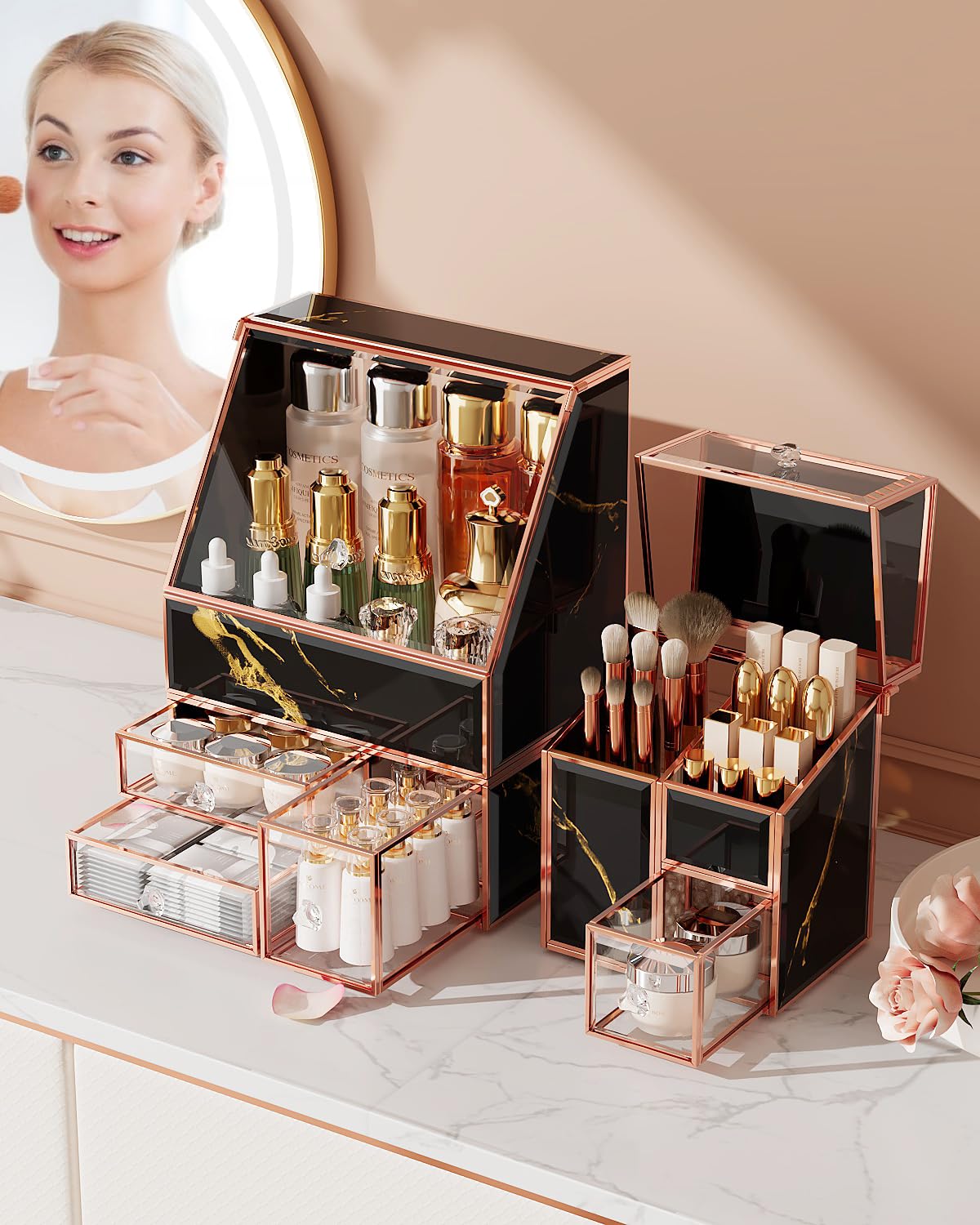Makeup Organizer Black,Glass Vanity Organizer for Skincare, Perfume, Brushes & Lipsticks – Countertop Makeup Storage Box for Women, Bathroom or Dresser