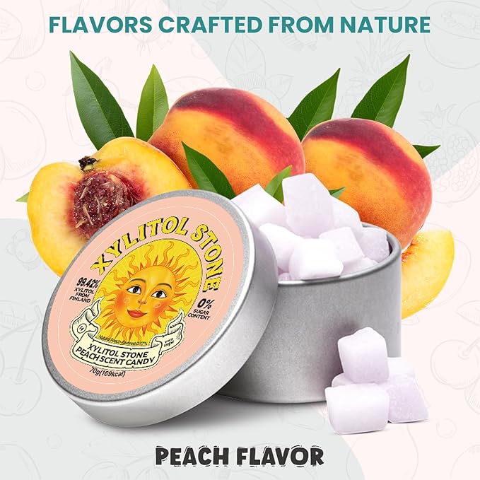 Xylitol Stone Sugar Free Candy - Vegan & Keto Friendly Unique Hard Candy - 100% Natural Flavor Candies - Gluten Free & Non-GMO Breath Freshener Low Calorie Mints - Peach (Pack of 2)