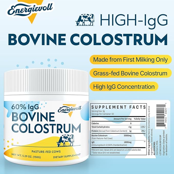 Bovine Colostrum Supplement Powder - 60% IgG 3000 mg for Gut, Hair Growth, Beauty, and Immune, Easy to Mix, Unflavored (50 Servings)